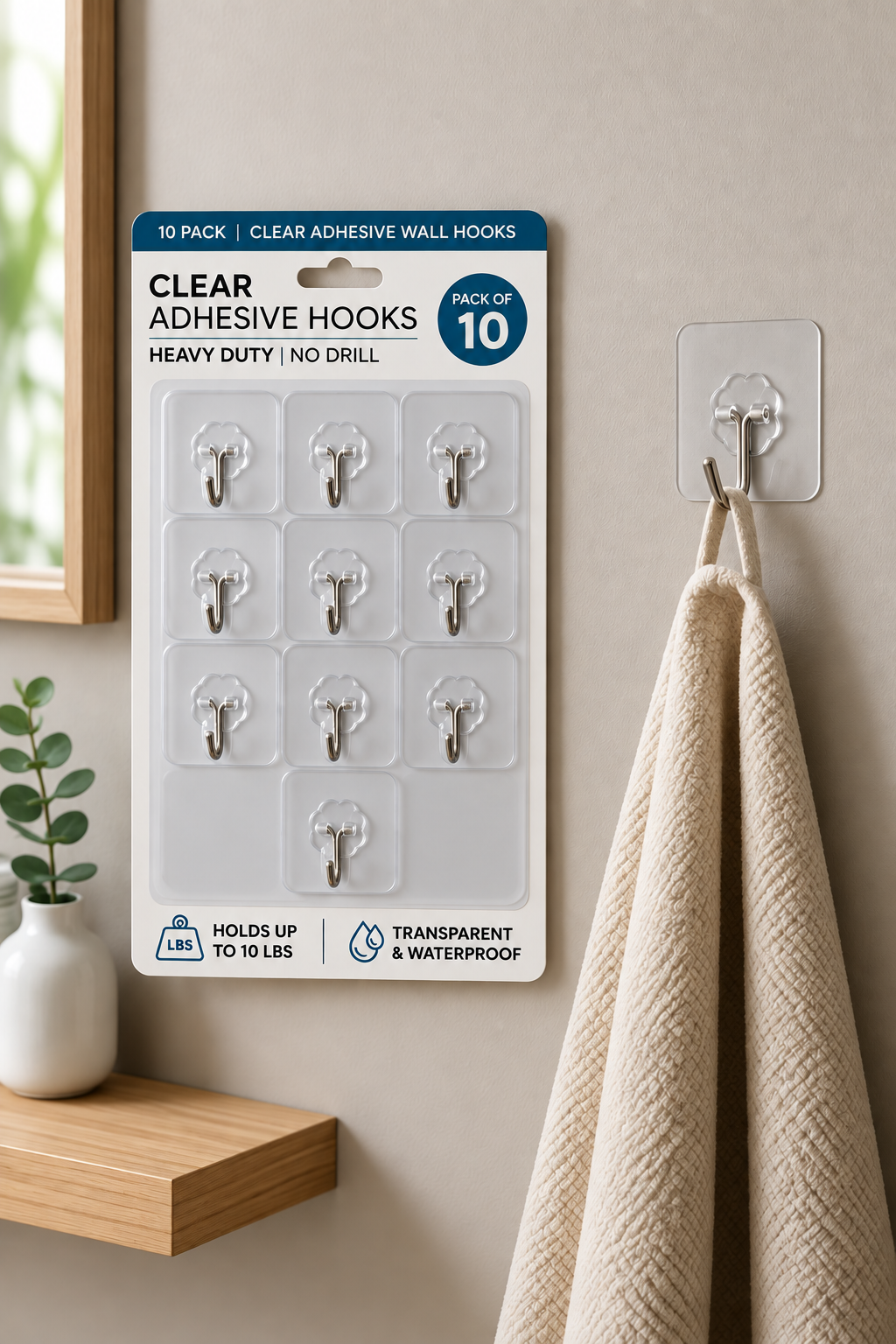 10-Piece Transparent Adhesive Wall Hooks – Heavy Duty No-Drill Self-Adhesive Hooks for Kitchen, Bathroom & Home Organization | Waterproof & Strong Hold